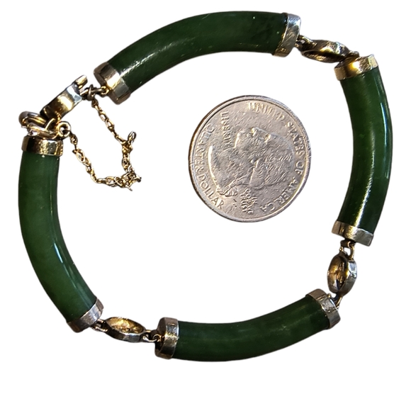 Vintage Curved Nephrite Jade Cylinder and Gold Plated Link Bracelet - Picture 6 of 11